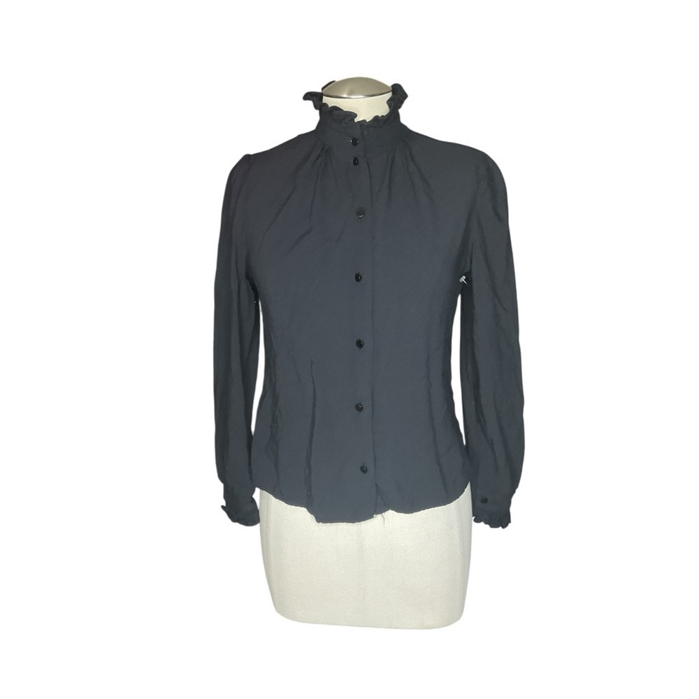 Jessica Scott Ruffle Neck Blouse Charcoal Gray Button Front Size 8 - Picture 2 of 6